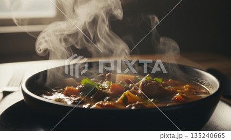 Hot Hearty Soup With Steam 4k ai High Resolution Food Photography 135240665