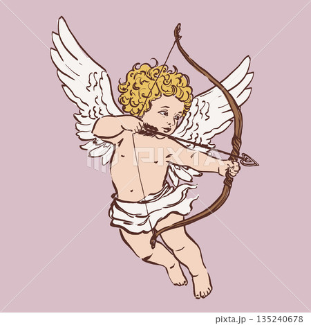 Colorful vector illustration of a cute Cupid angel with bow and arrow. Romantic love symbol perfect for Valentines Day cards, wedding designs, posters, invitations and festive decor. Colorful vector illustration of a cute Cupid angel with bow and arrow. Romantic love symbol perfect for Valentines Day cards, wedding designs, posters, invitations and festive decor. 135240678