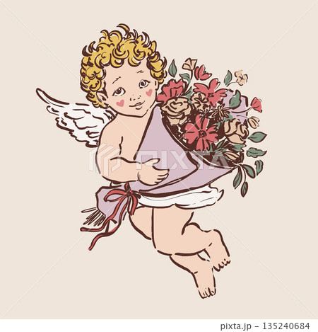Colorful vector illustration of a cute Cupid angel with flower bouquet. Romantic love symbol perfect for Valentines Day cards, wedding designs, posters, invitations and festive decor. 135240684