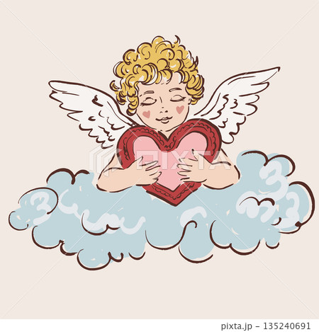 Colorful vector illustration of a cute Cupid angel with heart and cloud. Romantic love symbol perfect for Valentines Day cards, wedding designs, posters, invitations and festive decor. 135240691