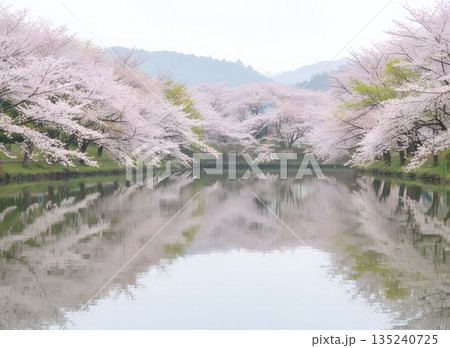 美しい桜並木と静かな水面の風景 135240725