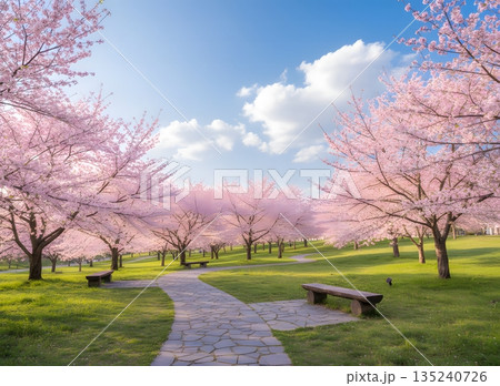 春の桜並木と青空の美しい風景 135240726