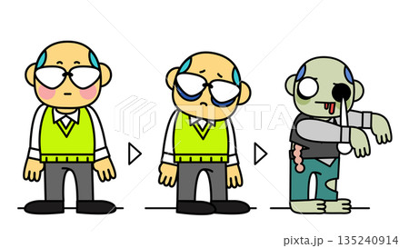 仕事のストレスでゾンビ化していく中年男性の変化イラスト 135240914