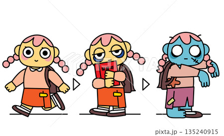 勉強や努力で疲弊しゾンビ化していく女子学生の変化イラスト 135240915