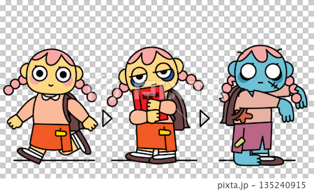 勉強や努力で疲弊しゾンビ化していく女子学生の変化イラスト 135240915