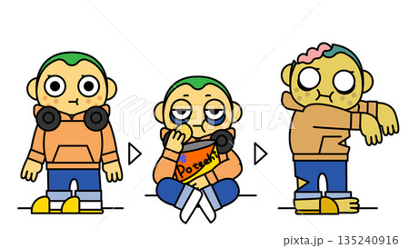間食や依存で徐々にゾンビ化していく若い男性の変化イラスト 135240916