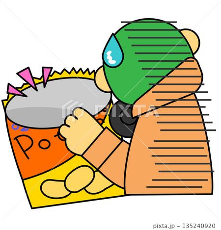 スナック菓子を抱えて焦る若い男性のイラスト スナック菓子を抱えて焦る若い男性のイラスト 135240920