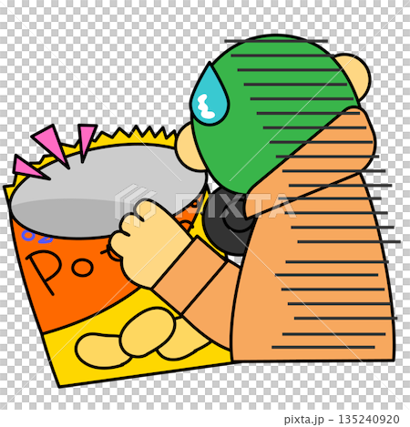 スナック菓子を抱えて焦る若い男性のイラスト スナック菓子を抱えて焦る若い男性のイラスト 135240920
