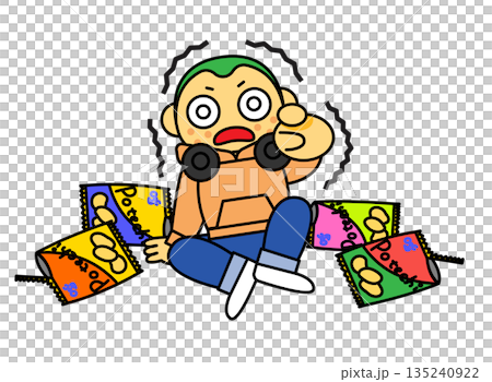 一幅插圖，描繪了一個一臉茫然的年輕男子被糖果包圍的情景。 135240922