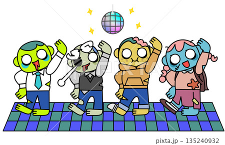 ストレスから解放され踊り出す人々の心理状態を表したゾンビのイラスト 135240932