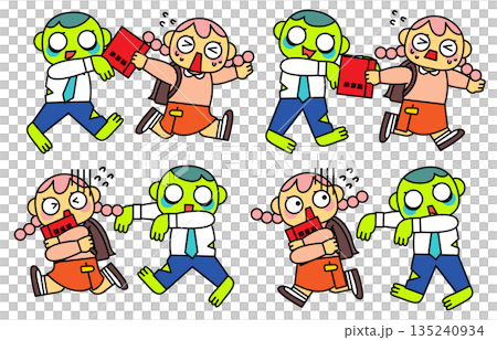 Illustration depicting the anxious daily lives of young people desperately fleeing from zombies Illustration depicting the anxious daily lives of young people desperately fleeing from zombies 135240934