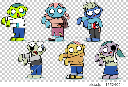 さまざまなタイプのゾンビが立ち並ぶキャラクターイラスト さまざまなタイプのゾンビが立ち並ぶキャラクターイラスト 135240944