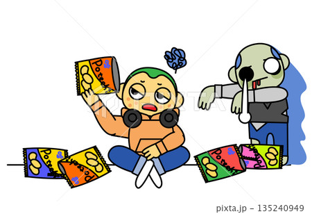 現実逃避でお菓子に依存する人物とゾンビを対比した心理状態のイラスト 135240949
