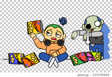 現実逃避でお菓子に依存する人物とゾンビを対比した心理状態のイラスト 135240949