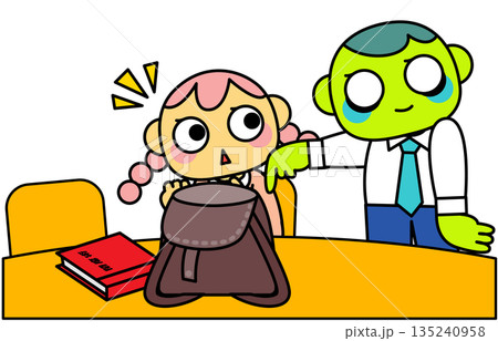 ゾンビ上司に肩を叩かれる若い女性の恐怖イラスト 135240958