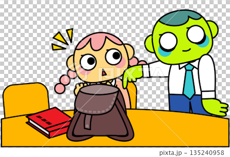 A terrifying illustration of a young woman being tapped on the shoulder by her zombie boss 135240958