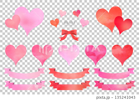 水彩心型和緞帶插畫素材套裝 135241043