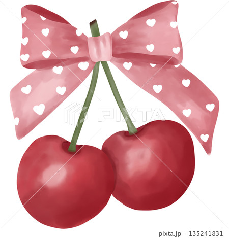 Watercolor clipart of cherries in coquette pink bow with white heart shape. Watercolor clipart of cherries in coquette pink bow with white heart shape. 135241831