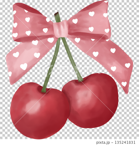 Watercolor clipart of cherries in coquette pink bow with white heart shape. Watercolor clipart of cherries in coquette pink bow with white heart shape. 135241831
