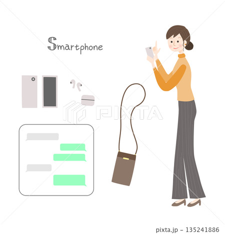 スマートフォンを操作する女性と周辺機器のセット 135241886