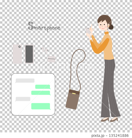 A woman operating a smartphone and a set of peripherals 135241886