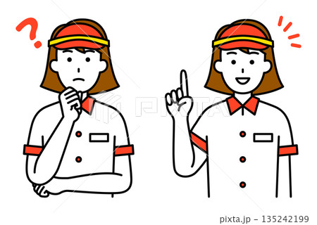 アイデアを考える/ひらめくファストフード店の女性店員 セット 135242199