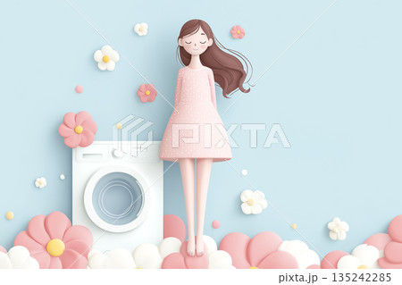 ドラム式洗濯機の仕組みを説明する女性イラスト｜洗濯工程の分かりやすい図解素材 135242285