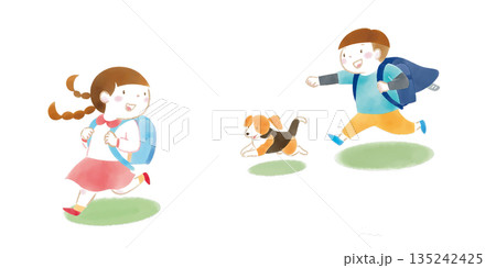 ランドセルを背負って走る子どもたちとビーグルの子犬のイラスト 135242425