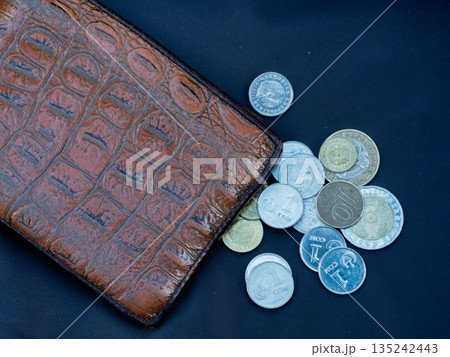 Brown leather wallet with scattered Kazakhstani Tenge coins on dark blue background. Finance and economy concept flat lay. Copy space 135242443