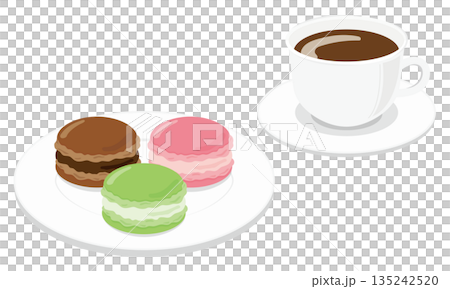 お皿に並んだマカロンとコーヒーのティータイムセット お皿に並んだマカロンとコーヒーのティータイムセット 135242520