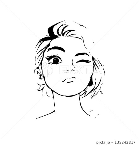 Anime style young girl face icon set, cute female avatar illustration, kawaii cartoon character portrait, modern flat design vector icons 135242817