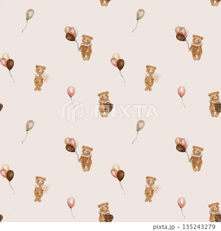 Seamless pattern with Watercolor Cute Teddy Bear Holding balloon and heart. Repeat ornament with Valentine Brown bear toy with vintage Jabot collar and daisy. Illustration hand drawn on isolated. Seamless pattern with Watercolor Cute Teddy Bear Holding balloon and heart. Repeat ornament with Valentine Brown bear toy with vintage Jabot collar and daisy. Illustration hand drawn on isolated. 135243279