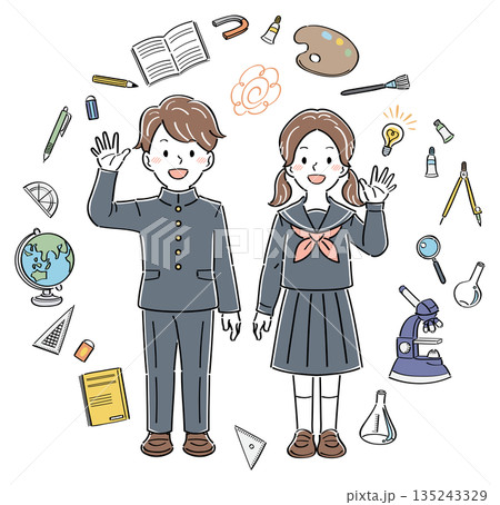 手を振る中高生の学生男女と文房具のイラスト 手を振る中高生の学生男女と文房具のイラスト 135243329