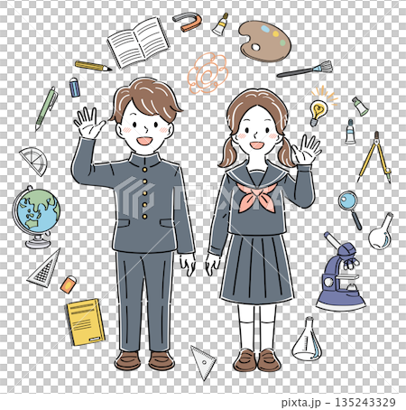 揮手的中小學生和文具插圖 135243329