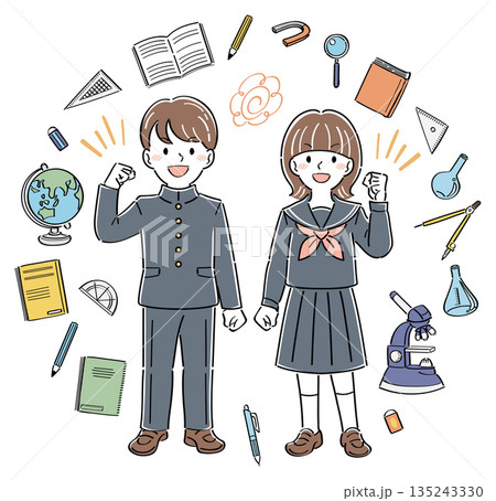 ガッツポーズする中高生の学生男女と文房具のイラスト 135243330