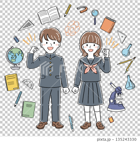 ガッツポーズする中高生の学生男女と文房具のイラスト 135243330