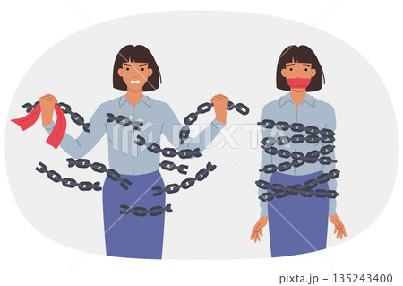 Emancipation woman breaking chains to free herself from oppression and discriminatory attitudes Emancipation woman breaking chains to free herself from oppression and discriminatory attitudes 135243400