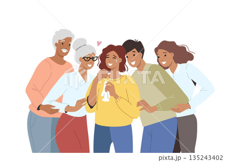 Group psychological help and support from family or friends for crying young woman Group psychological help and support from family or friends for crying young woman 135243402