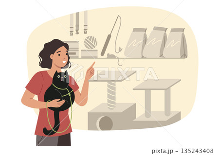 Pet shop is visited by woman holding cat in arms and choosing toy or healthy food 135243408