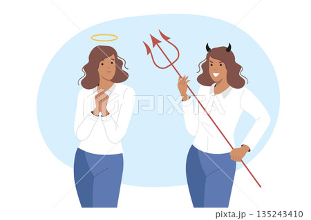 Struggle good and evil in soul of business woman who chooses style of management and development 135243410