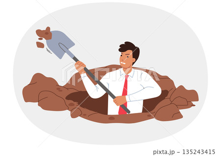 Ambitious business man digs ground with paw in search of treasure or new opportunities for growth Ambitious business man digs ground with paw in search of treasure or new opportunities for growth 135243415