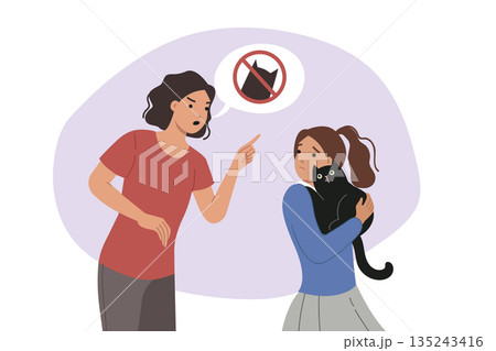 Mother refuses to get cat, standing next to daughter who wants take black kitten into house 135243416