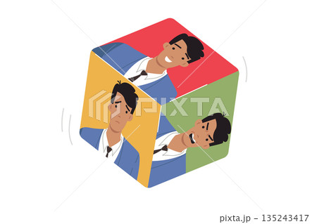 Emotional man on different dice dice, for concept chaotic emotions and bipolar disorder in behavior 135243417