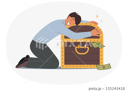 Man investor hugs chest of money, rejoicing at accumulation of large capital through trading 135243418