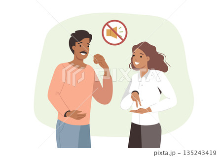 Dialogue of deaf-mute man and woman using sign language to communicate and gossip Dialogue of deaf-mute man and woman using sign language to communicate and gossip 135243419