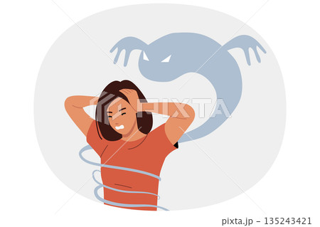 Panic attack in woman due to mental health problems and hallucinations in form of monsters Panic attack in woman due to mental health problems and hallucinations in form of monsters 135243421