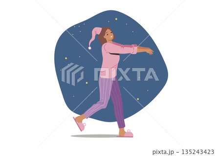 Woman suffering from sleepwalking walks with arms extended forward, being in unconscious state Woman suffering from sleepwalking walks with arms extended forward, being in unconscious state 135243423