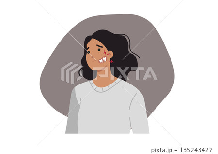 Woman suffers from tooth pain and caries, which causes inflammation of cheeks and gums in mouth 135243427