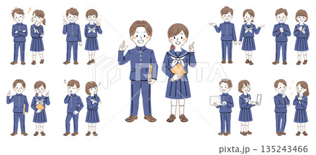 制服姿の男女の学生の全身イラストセット・様々なポーズと表情（説明、案内、疑問） 135243466