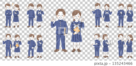 Full-body illustration set of male and female students in uniforms, various poses and expressions (explanation, guidance, question) 135243466